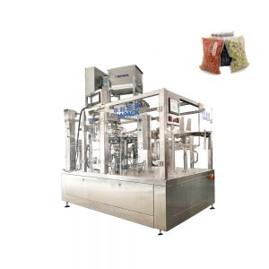 Automatische Verpackungsmaschine für vorgefertigte Beutel mit Kolbenfüller für Flüssigkeiten und Pasten