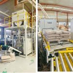 15 kg Holzpellets wiegen, abfüllen, verpacken, Palettierungslinie ist zur Auslieferung bereit